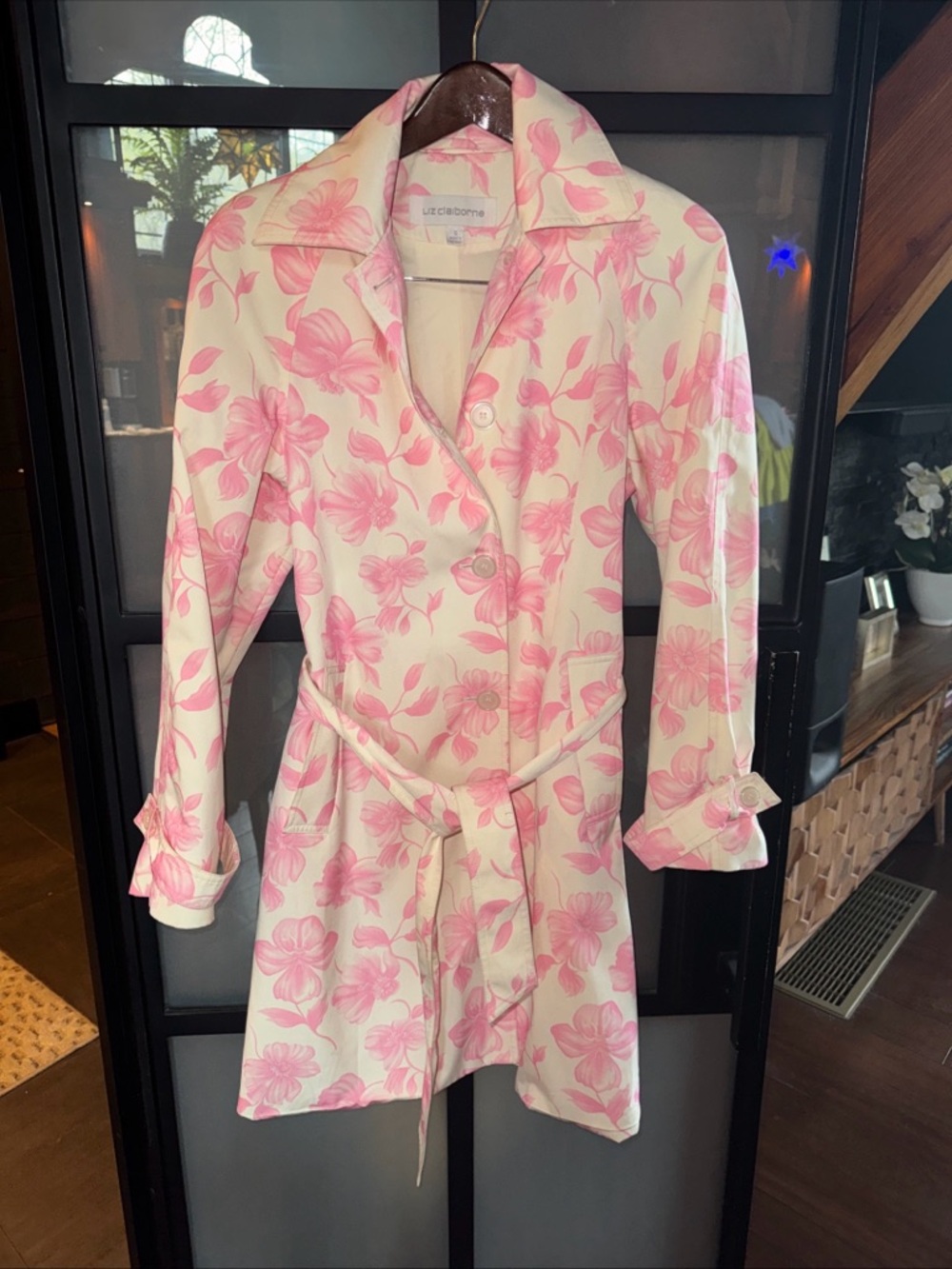 Liz Claiborne Cream Trench Coat with Pink and Ivory Floral Print Size Small